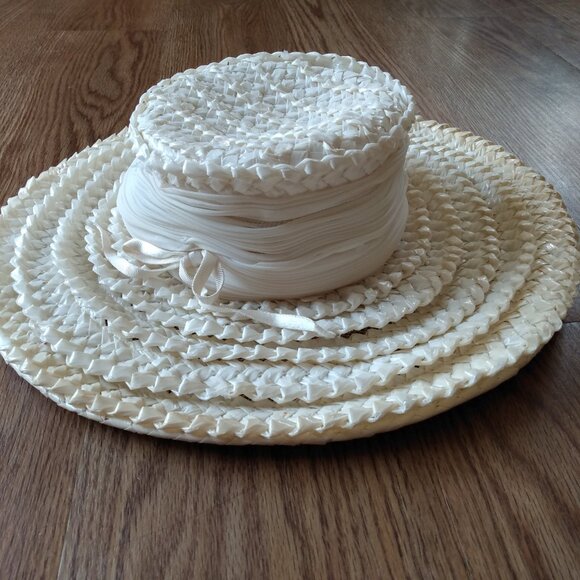 Vintage Cellophane Straw Hat Cream White 19.75" Boutique New York Montreal AS IS - Picture 2 of 8